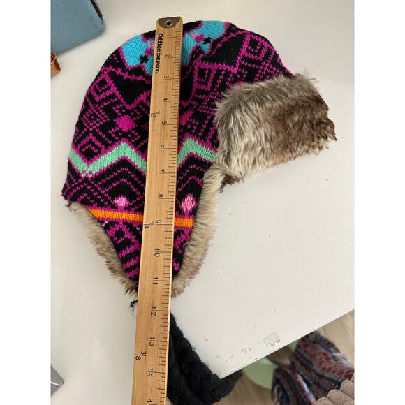 Billabong Pink Black Blue Knit with Faux Fur Trapper Hat OS - Picture 15 of 16